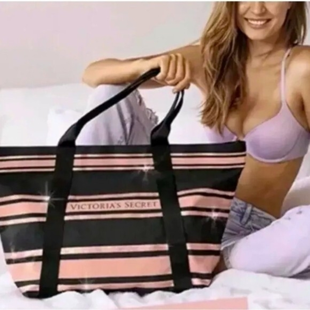Victoria’s Secret Weekend Tote Bag Black Pink Canvas Travel Shopper Excellent
